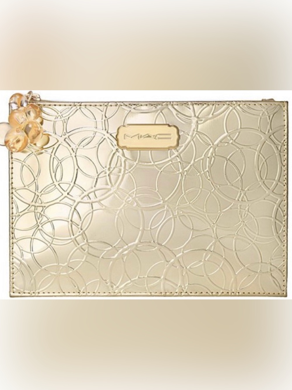 •NEW•MAC Cosmetics Metallic Gold Embossed Circle Pattern Cosmetic Bag with Charm